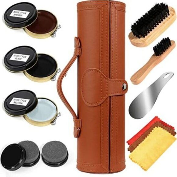 12-Piece Shoe Shine Kit-Polish Brush Set Kit with PU Leather Sleek Elegant Case - Picture 7 of 7